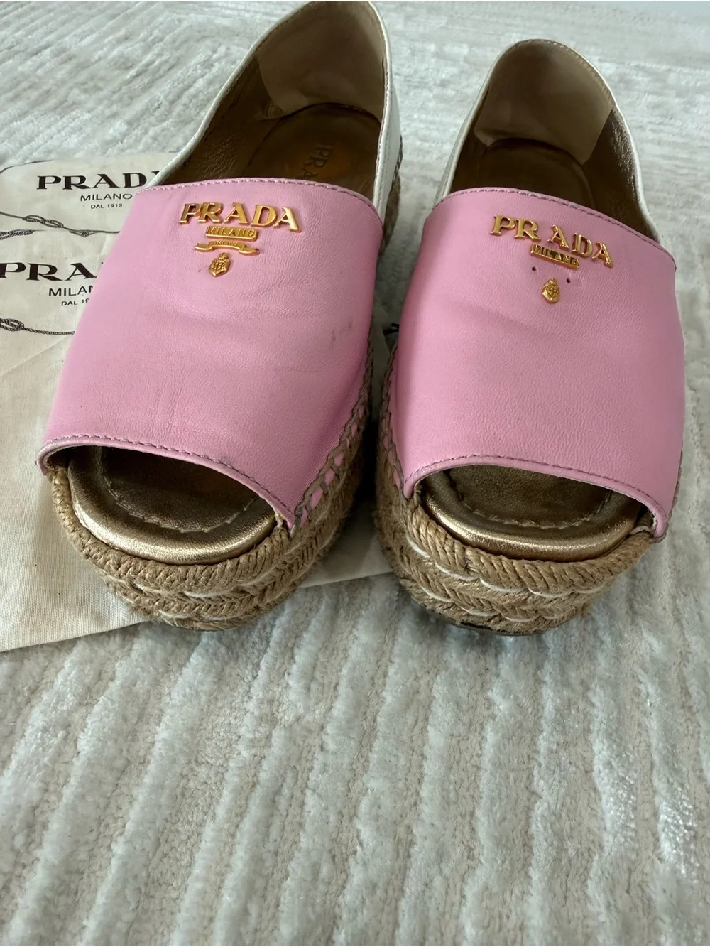 Prada Pink and White Leather Espadrille Slip-Ons